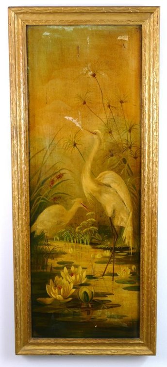 Antique White Egrets Oil on Canvas Painting