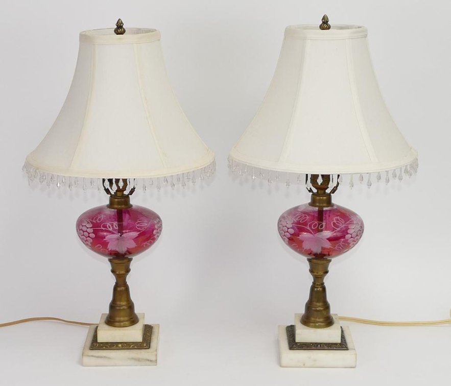 Pair of Vintage Cranberry Etched Glass Table Lamps