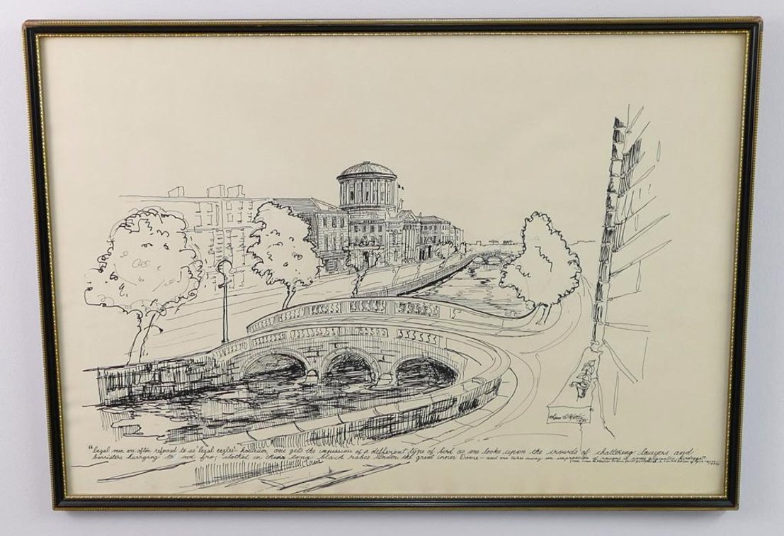 1975 Liam C. Martin "The Four Courts" Ireland Pen & Ink Print 