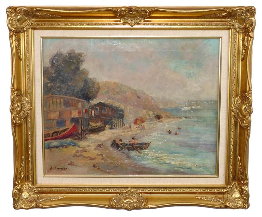 Circa 1930's Beulah Bradleigh Oil on Canvas Harbor Scene Painting