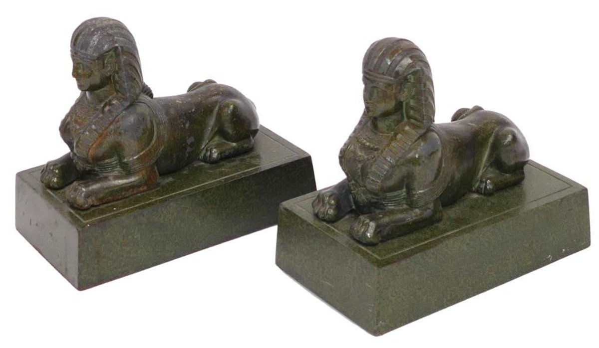 Pair of Heavy Antique Sphinx Bookends with Green Patina