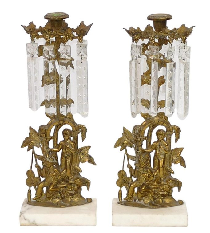 Pair of Victorian Gilt Brass Figural Girandoles with Prisms