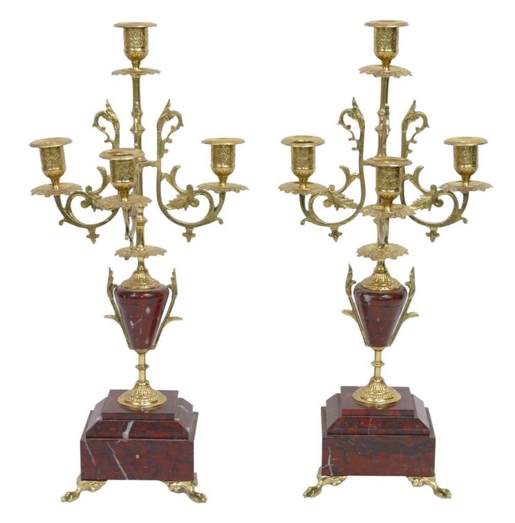Circa 1930's Pair of Empire Style Brass & Brown Marble Candelabra Garniture Set