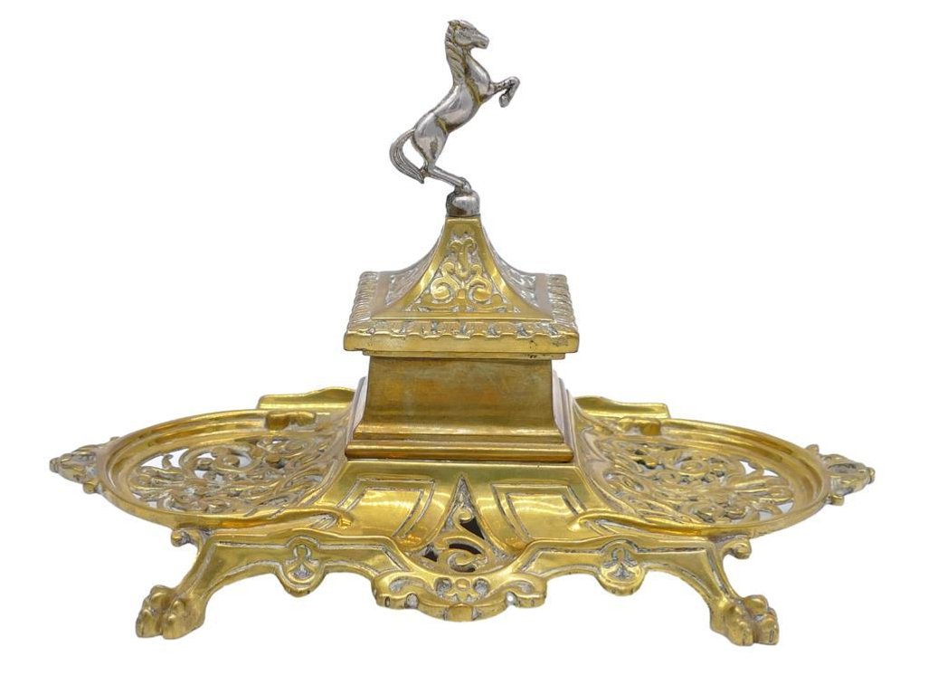 Antique William Tonks & Sons English Reticulated Brass Inkwell 