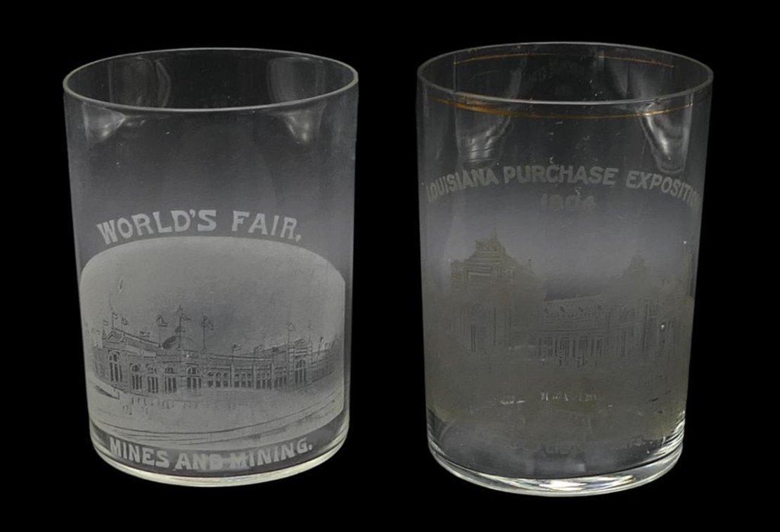 Two Antique World's Exposition Souvenir Frosted Drinking Glasses