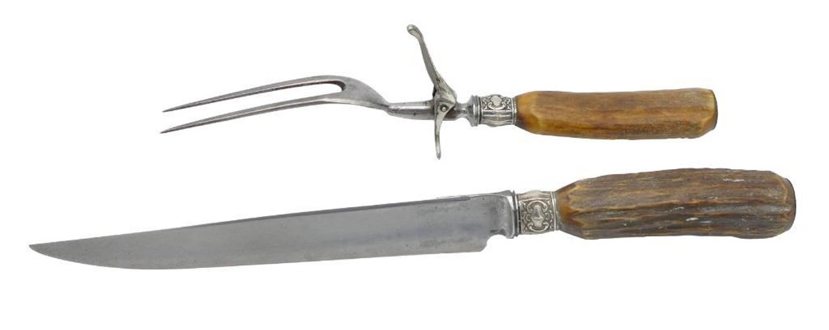 Antique 2-Piece Stag Handle Carving Set with Sterling Silver Bands