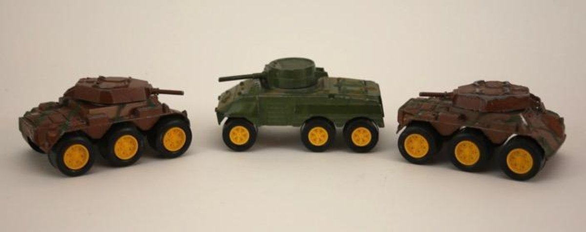 Three Tootsie Toys Armored Cars