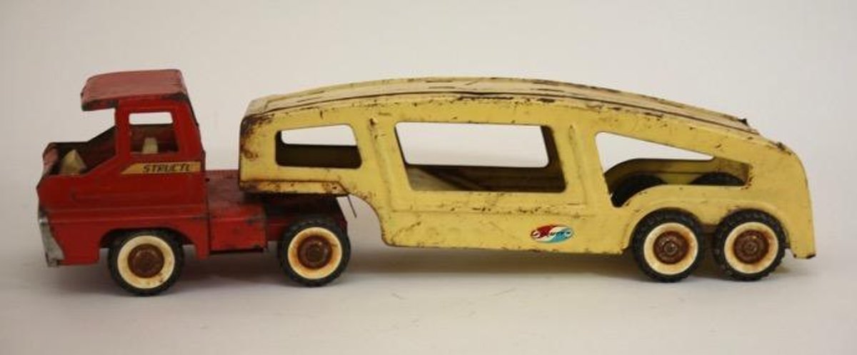 1960's Structo Red Tractor and Yellow Car Hauler