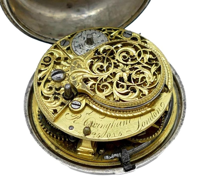 Rare 18th Century Richard Ovingham Sterling Silver Verge Fusee Chain Drive Movement Pocket Watch w/ Outer Case