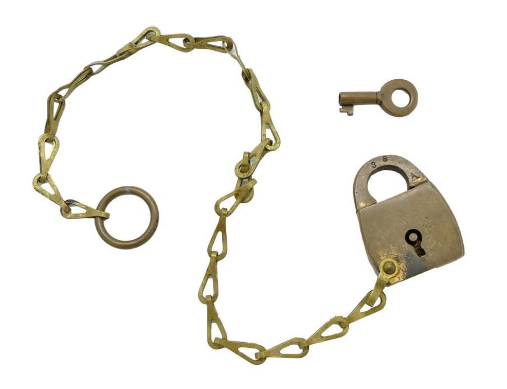 Antique Miniature Brass Lock w/ Original Key & Chain