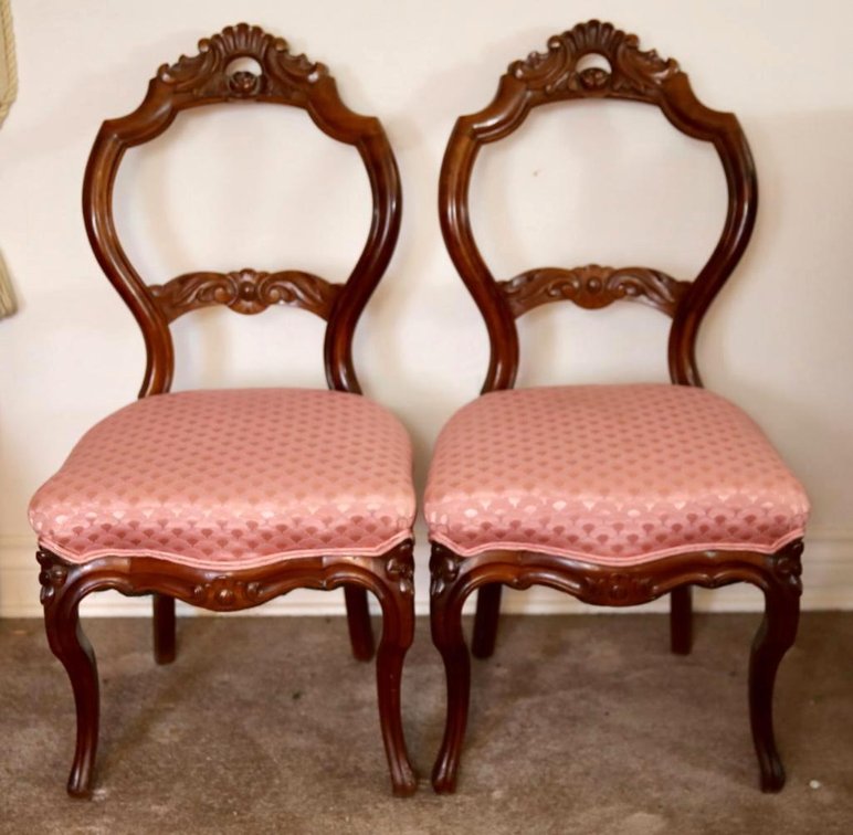Pair of Antique Walnut Victorian Rococo Revival Parlor Chairs