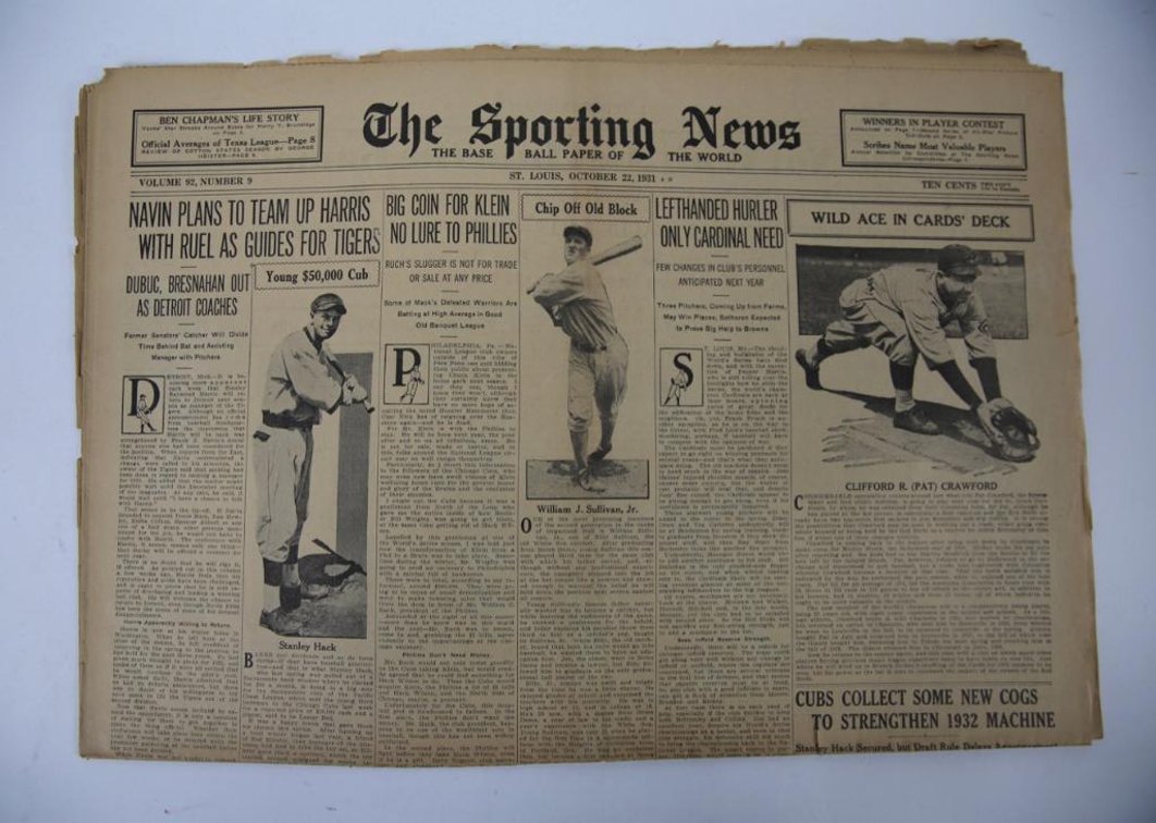 The Sporting News Oct. 1931- Pat Crawford, Stan Hack