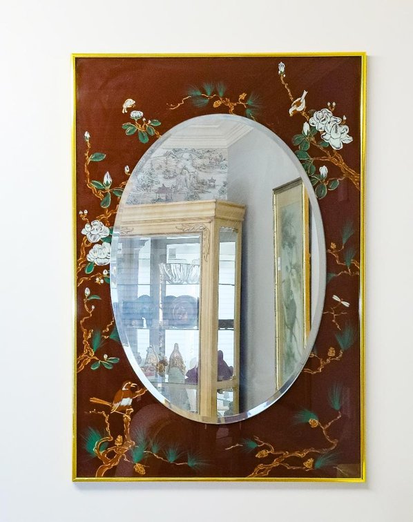 Beveled Glass Wall Mirror with Bird and Floral Motif