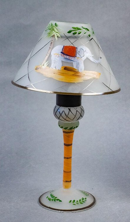 Satin Glass Candle Lamp With Painted Elephant