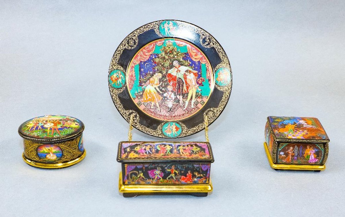 Collectible Nutcracker Plate and Three Russian Music Boxes