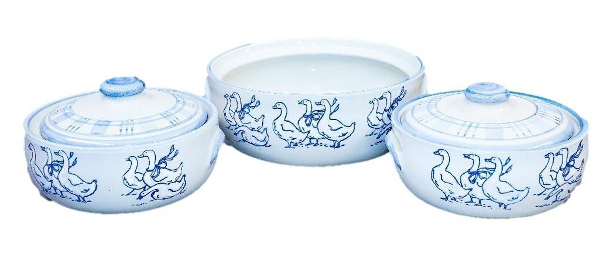 Two Louisville Stoneware Covered Casseroles and Larger Lidless One