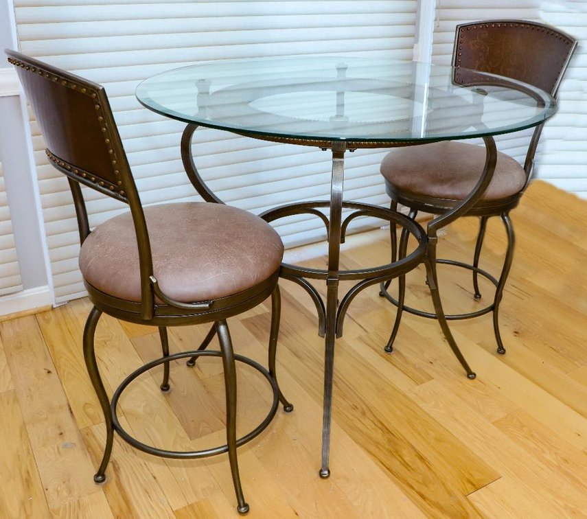 Beveled Glass Bistro Table and Pair of Swivel Stools