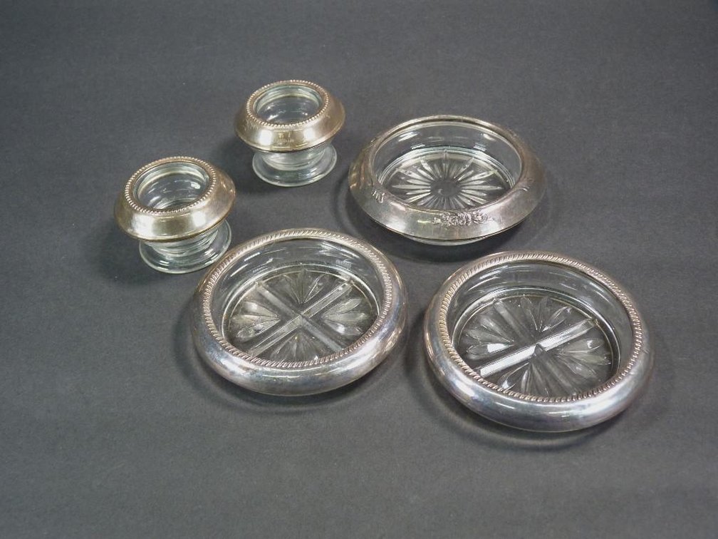 Five Sterling Silver Rimmed Glass Pieces