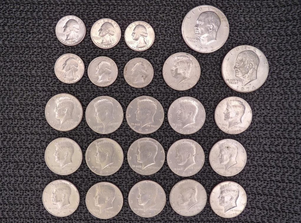 24 Clad Coins Incl. Eisenhower Dollars, Kennedy Half Dollars, Quarters 1971-1977
