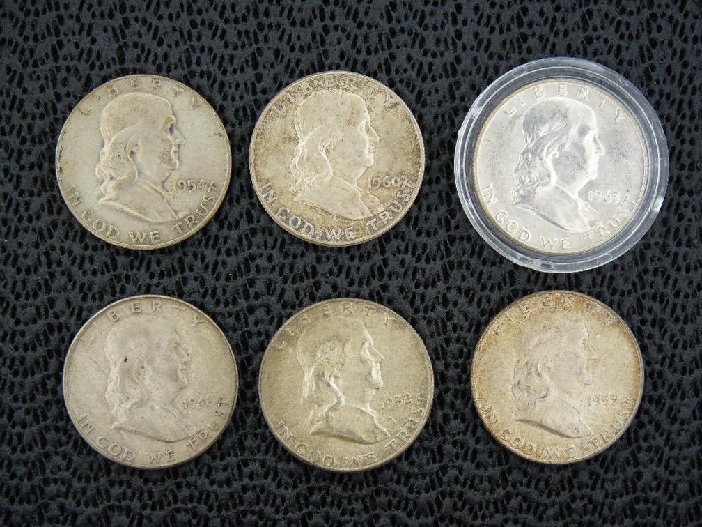 6 Franklin Half Dollars 1948-D, 1952, 1953-D, 1954-D, 1960, 1963-D