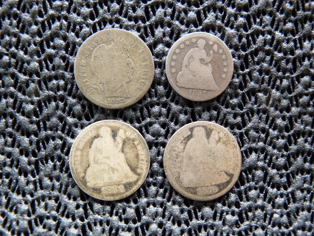 Seated Liberty Dimes 1876, 1888 Barber Dime 1893 & Seated Liberty Half Dime 1857