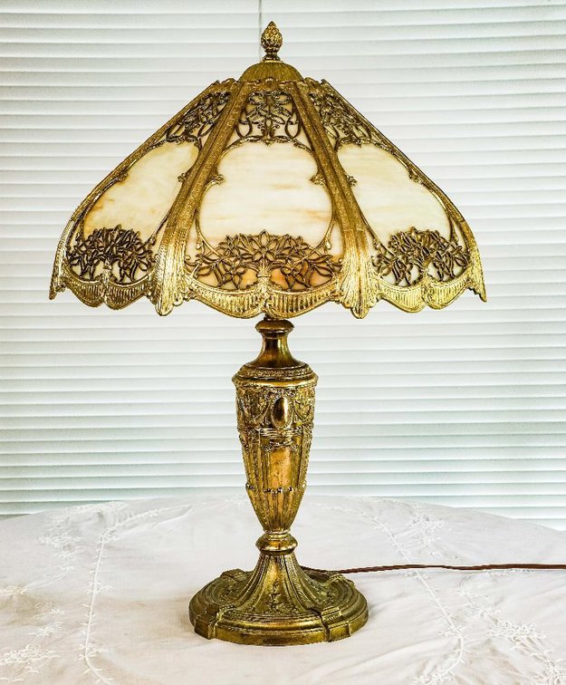 Reproduction Slag Glass Lamp with Brass Shade