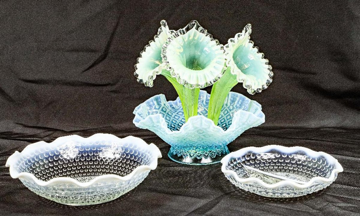 Vaseline Uranium Glass Flowers in Depression Glass Bowl Plus Two Bowls