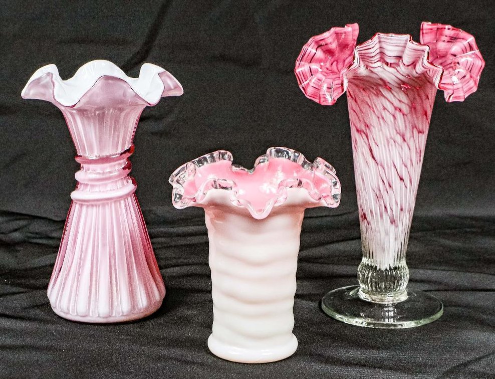 Three Pink Art Glass Vases