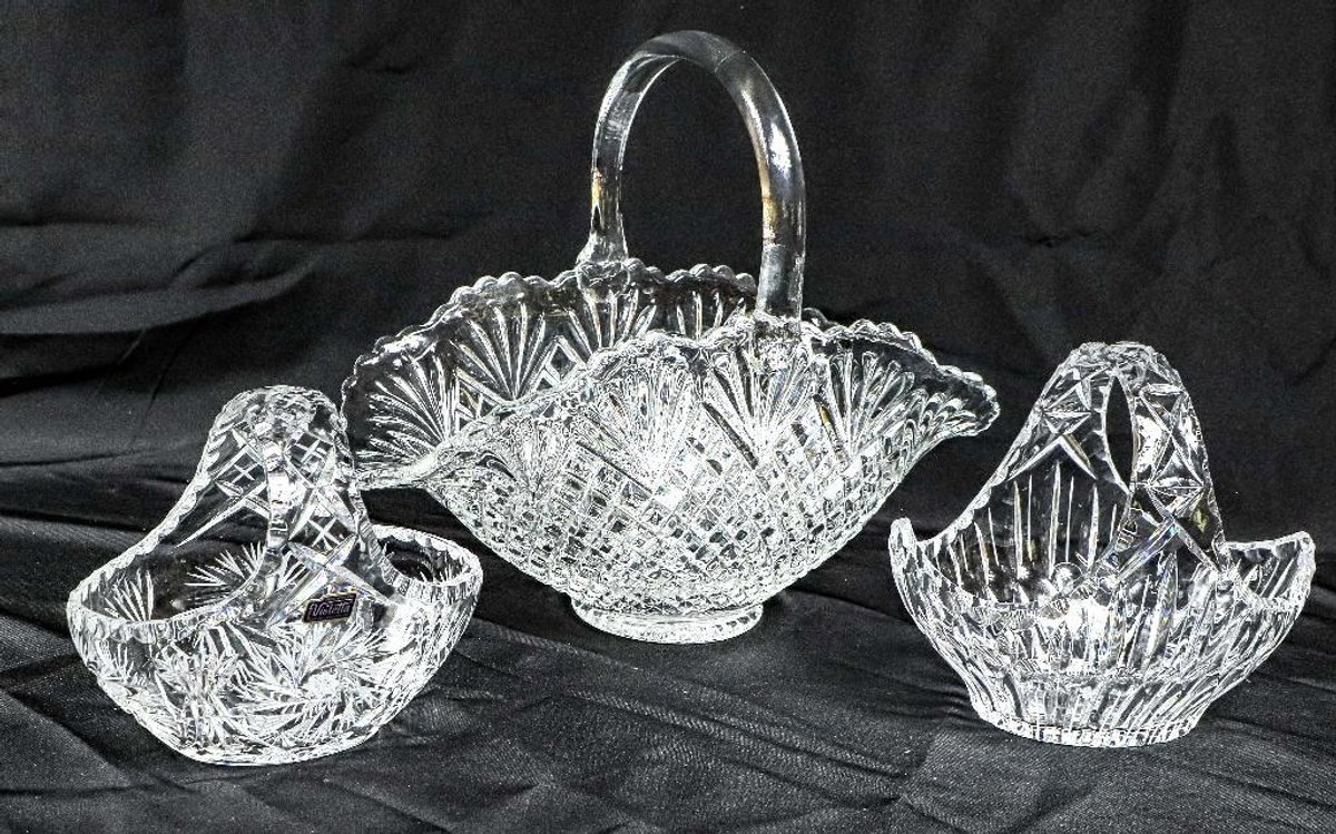 Two Cut Crystal Baskets and Basket Centerpiece