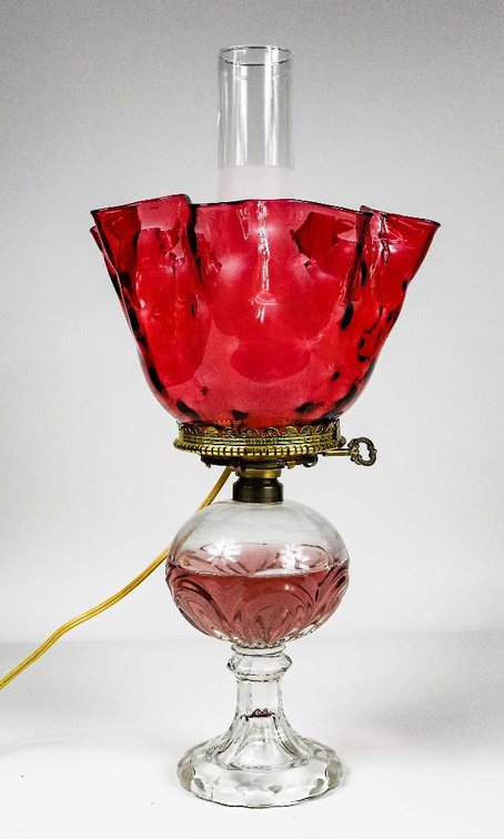 Electrified Oil Lamp with Cranberry Shade