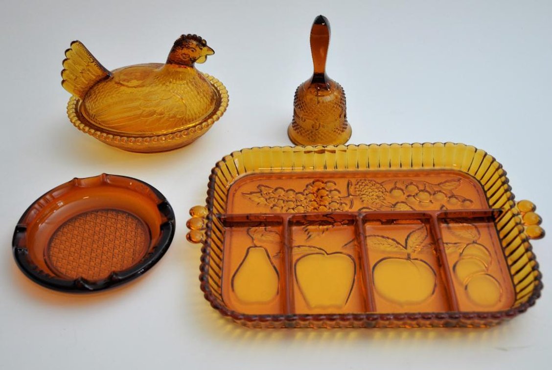 Assorted Amber Glass Items