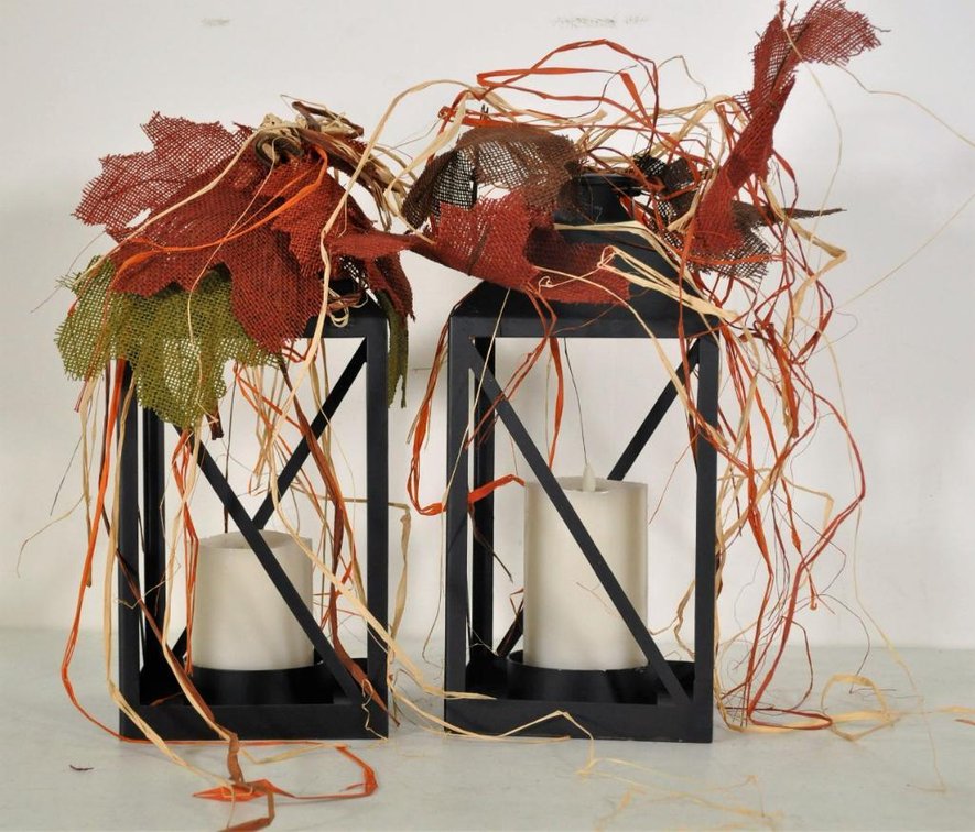 Two Metal Black Fall Lanterns with Candles (Lot D)