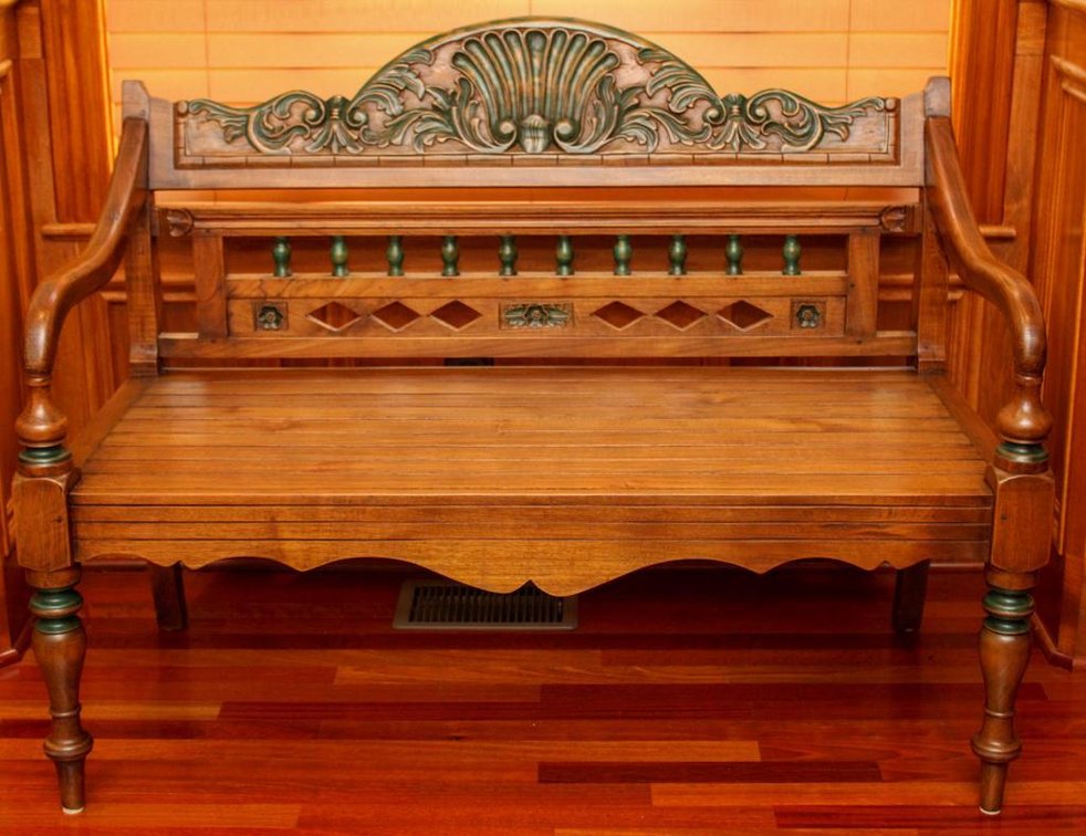 Ornate Open-Arm Solid Walnut Bench with Carved Features