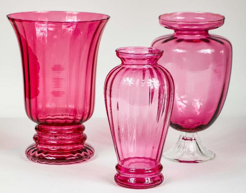 Three Cranberry Glass Vases