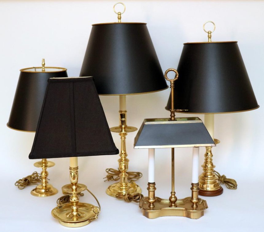 Five Brass Lamps with Black Shades
