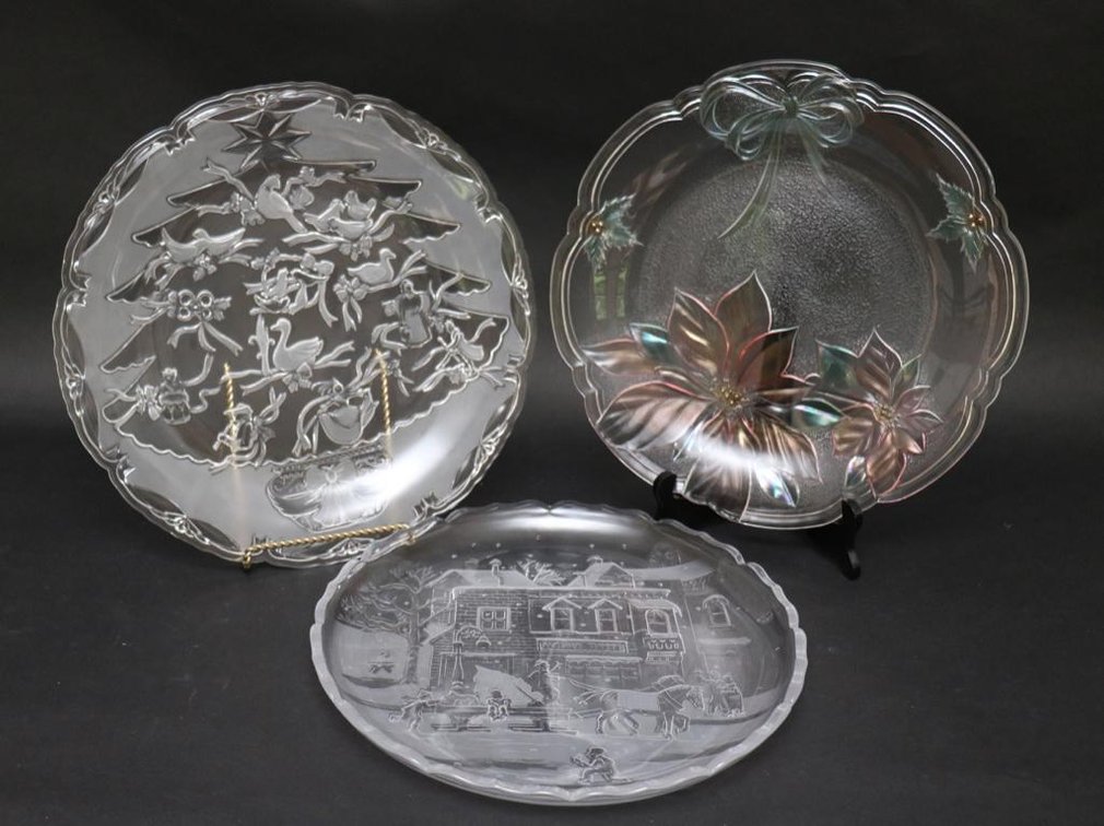 Three Glass Christmas Themed Serving Trays