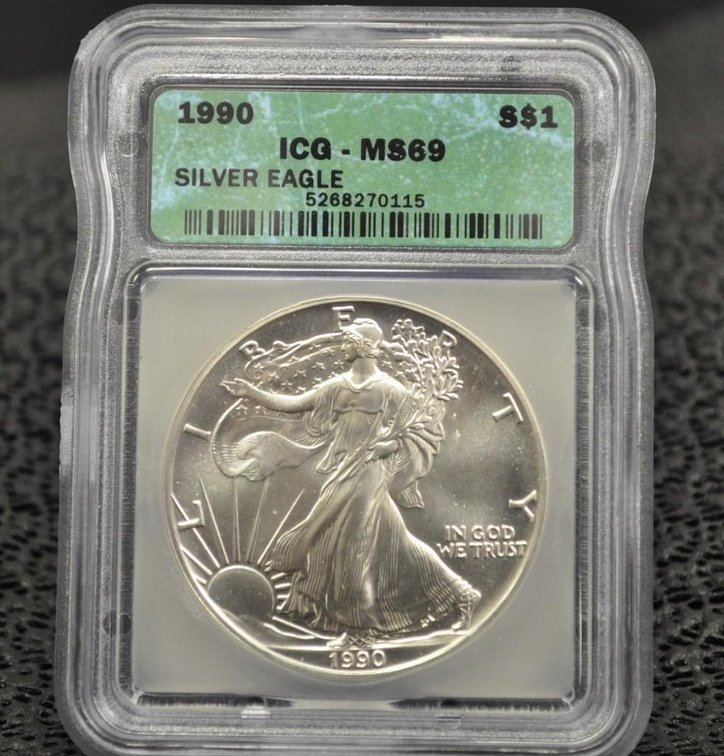 1990 Silver Eagle Dollar, Graded MS-69