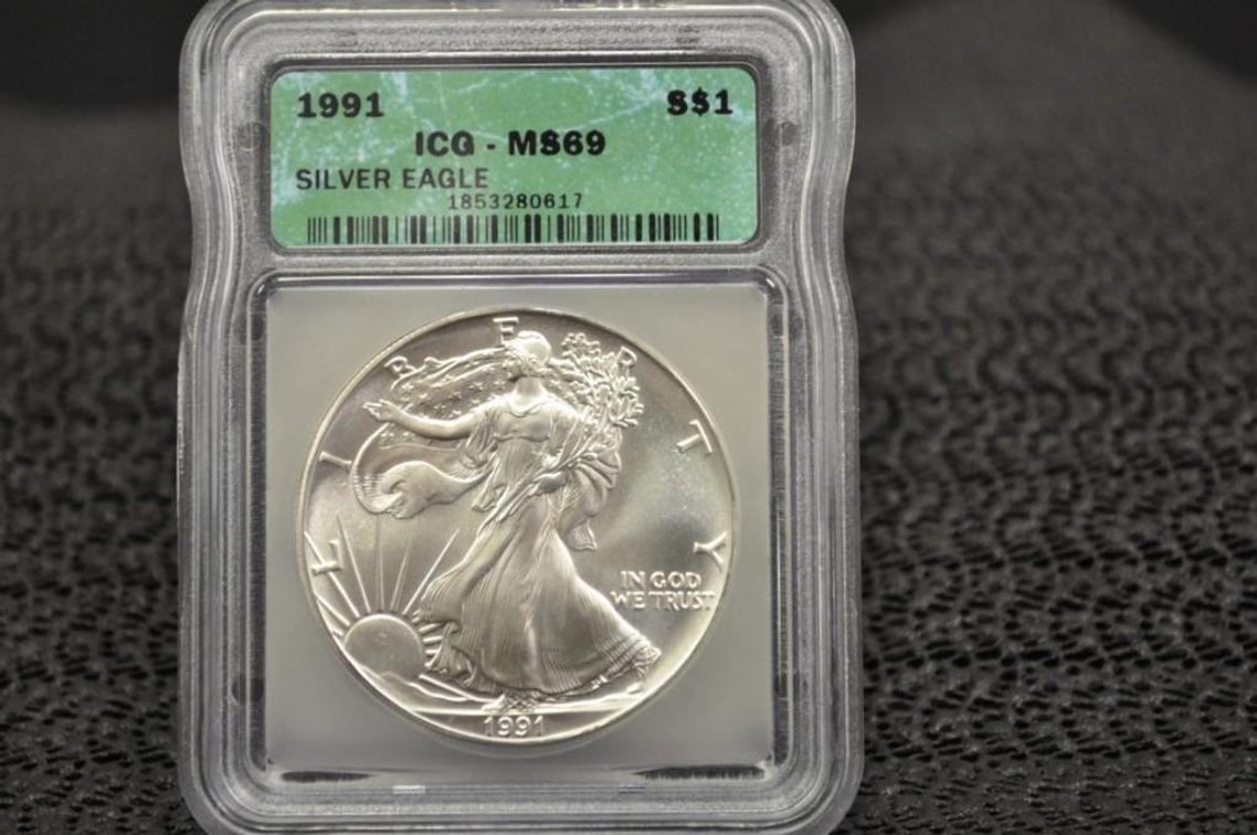 1991 Silver Eagle Dollar, Graded MS-69