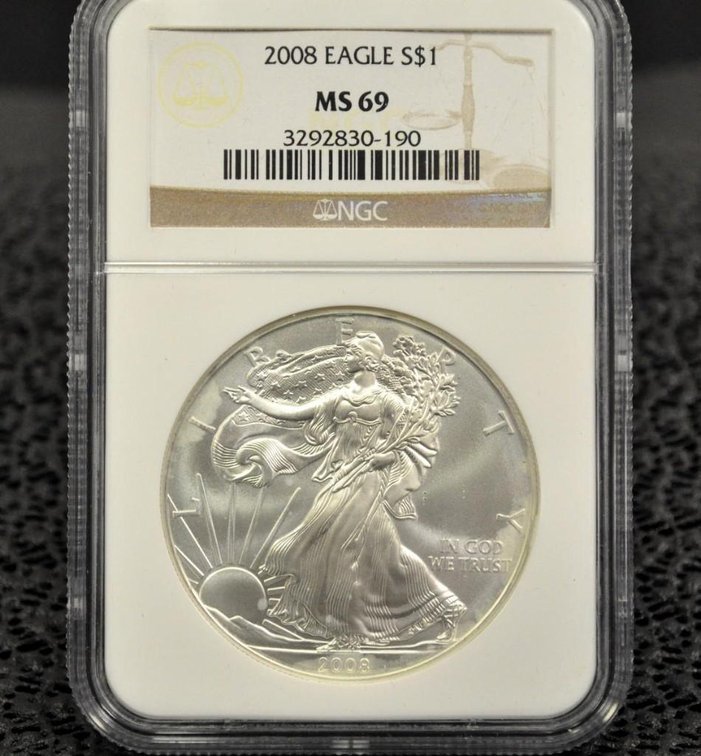 2008 Silver Eagle Dollar, Graded MS-69