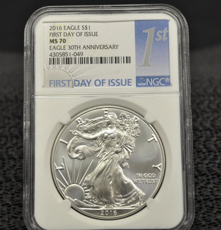 2016 Silver Eagle Dollar, 1st Day Issue, Graded MS-70