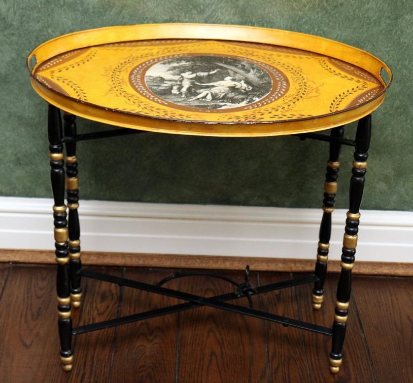 Oval Metal Tole Tray on Hitchcock Style Folding Base