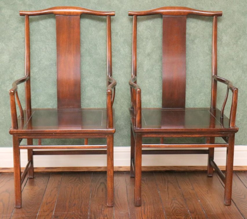 Pair of Baker Furniture Mid-Century Modern Hollywood Regency Chinoiserie Walnut Chairs
