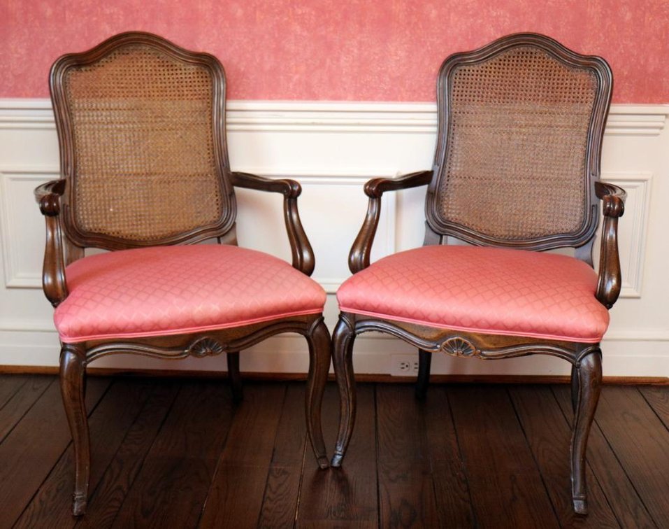Pair of Oak French Influenced Caned Back Open Arm Chairs