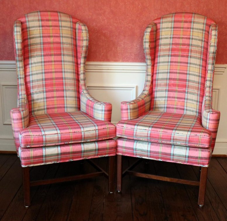 Pair of Straight Leg Chippendale Style High Back Wing Chairs