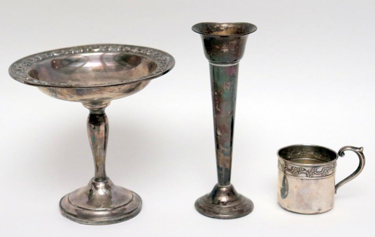 Sterling Silver Gorham Compote, Alvin Bud Vase and Lullaby Baby Cup