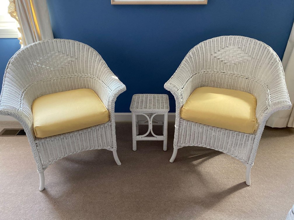 Two Wicker Chairs with Cushions and Small Table