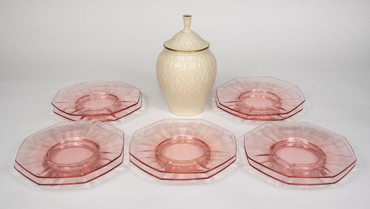 Pink Depression Glass and Lenox China Urn
