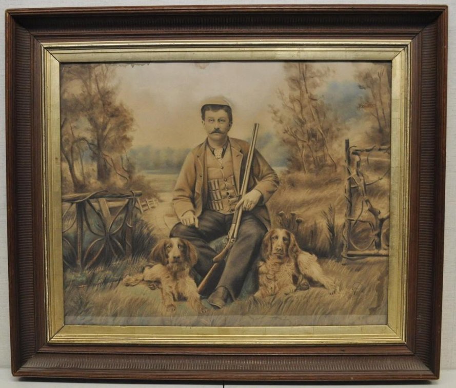 Large Vintage Framed Lithograph of Hunting Scene
