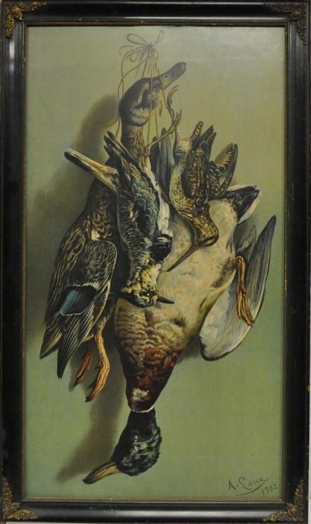 Chromolithograph of game by artist August Laux, dated 1902, in Antique Frame.