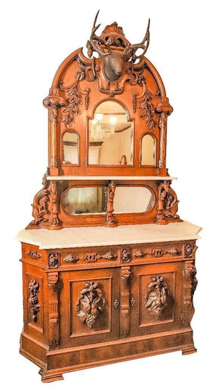 Antique Circa 1870 Walnut Sideboard with Marble Top